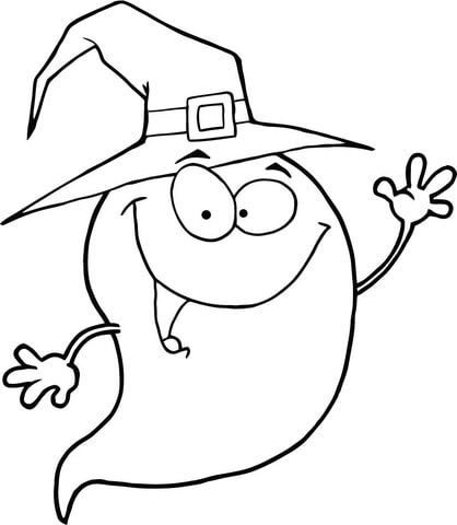 Halloween Ghost Wearing A Witch Hat Coloring Page